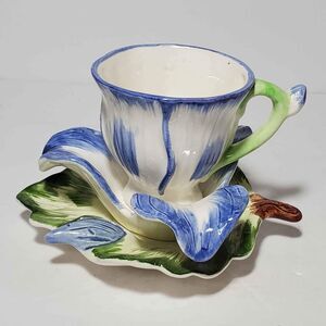 Blue Flower On Leaf Small Teacup and Saucer Vintage